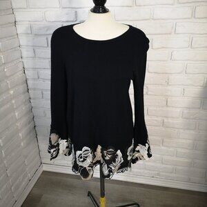 Alfani Ladies Size Medium Black with White & Tan Embroidery Lone Sleeve Sweater